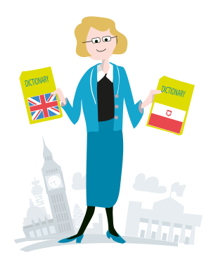 Illustration of Ewa Hayward holding dictionaries with the United Kingdom and Poland flags on the covers, standing before an outline of the London skyline featuring Big Ben.